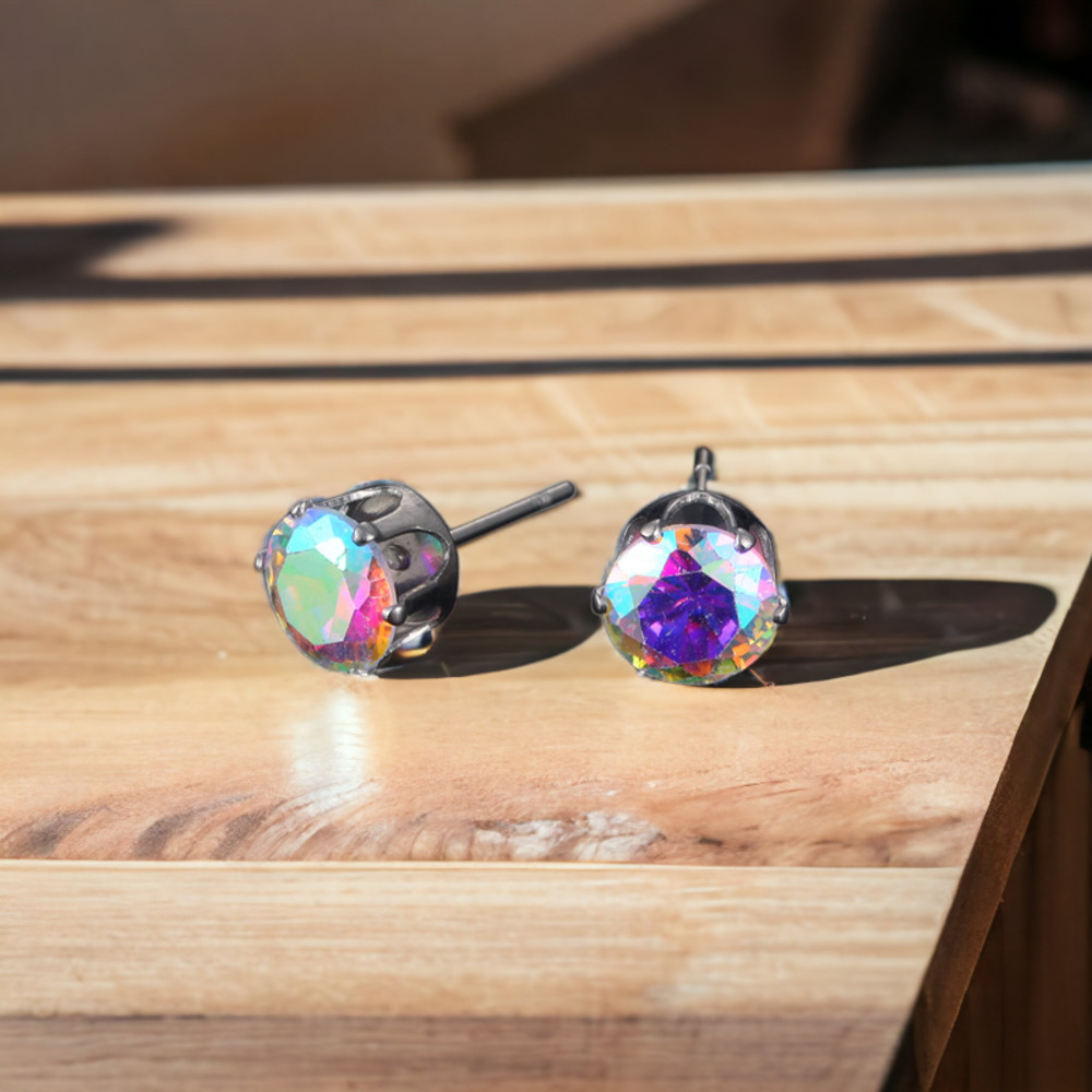 Stainless Steel Iridescent 6 Prong Stud Earrings - White Multi
